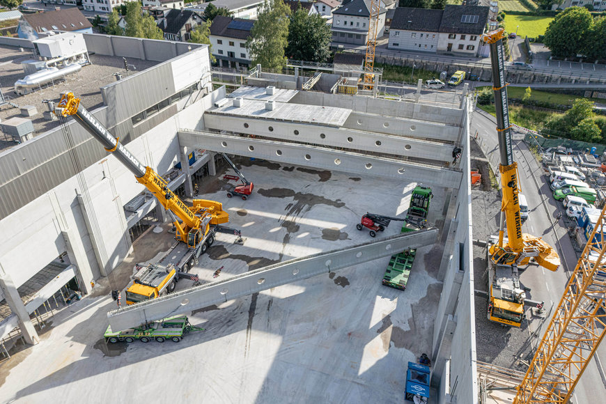 Tandem hoist on cellar ceiling: Haslach installs giant prestressed concrete trusses